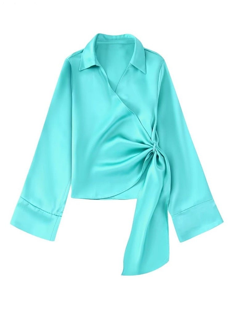 Women Fashion Solid Color Soft Satin Bow Tied Kimono Smock Blouse Female Long Sleeve Casual Shirt Chic BlusasTops LS2001