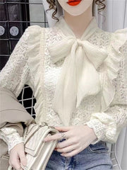 Women Spring Autumn Style Blouses Shirts Lady Casual Long Sleeve Bow Tie Collar Lace Blusas Tops DD9341