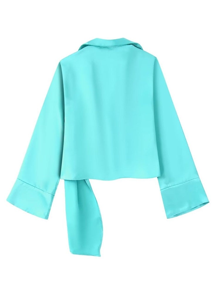 Women Fashion Solid Color Soft Satin Bow Tied Kimono Smock Blouse Female Long Sleeve Casual Shirt Chic BlusasTops LS2001