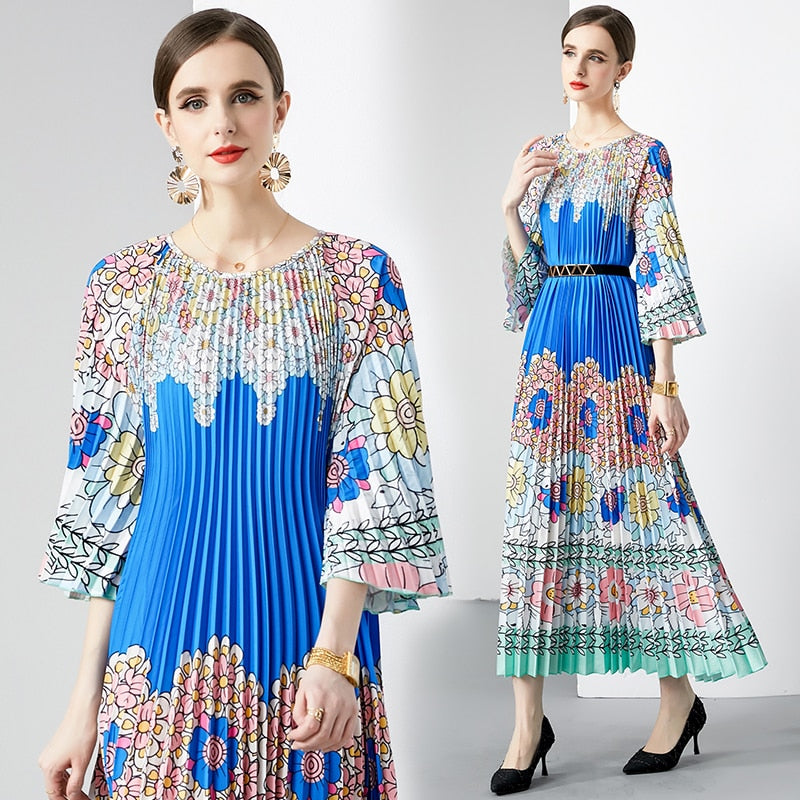 High Quality Pleated Round Neck Lace Up Belt Loose Printed Maxi Long Dress
