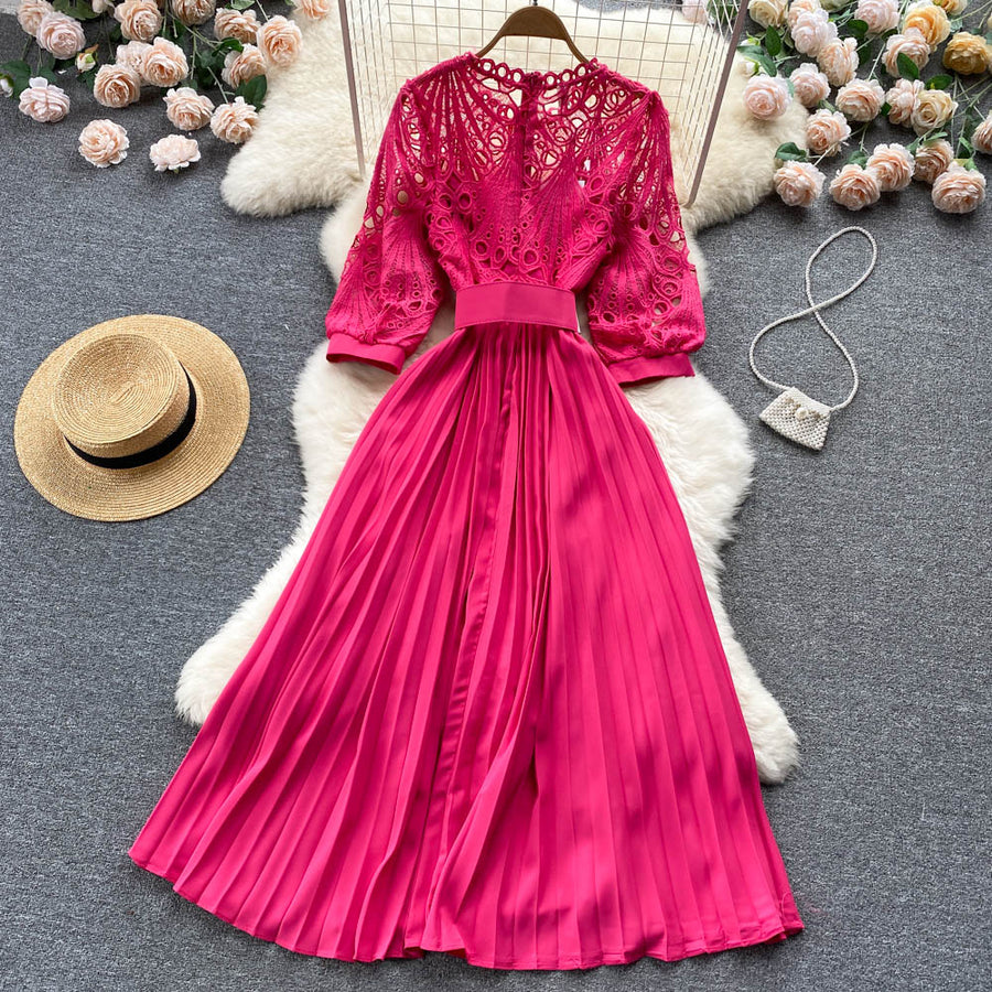High quality vintage belted round neck half sleeve hollow out lace dress