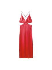 Satin V Neck Solid Hollow Out Backless Side Slit Dress