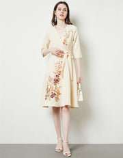 High Quality Three Quarter Sleeve V Neck Embroidered Elegant Dress