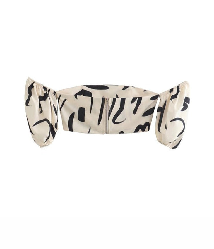 Hollow Out Waist Flare Skirt Graffiti Print Strapless Tops Set