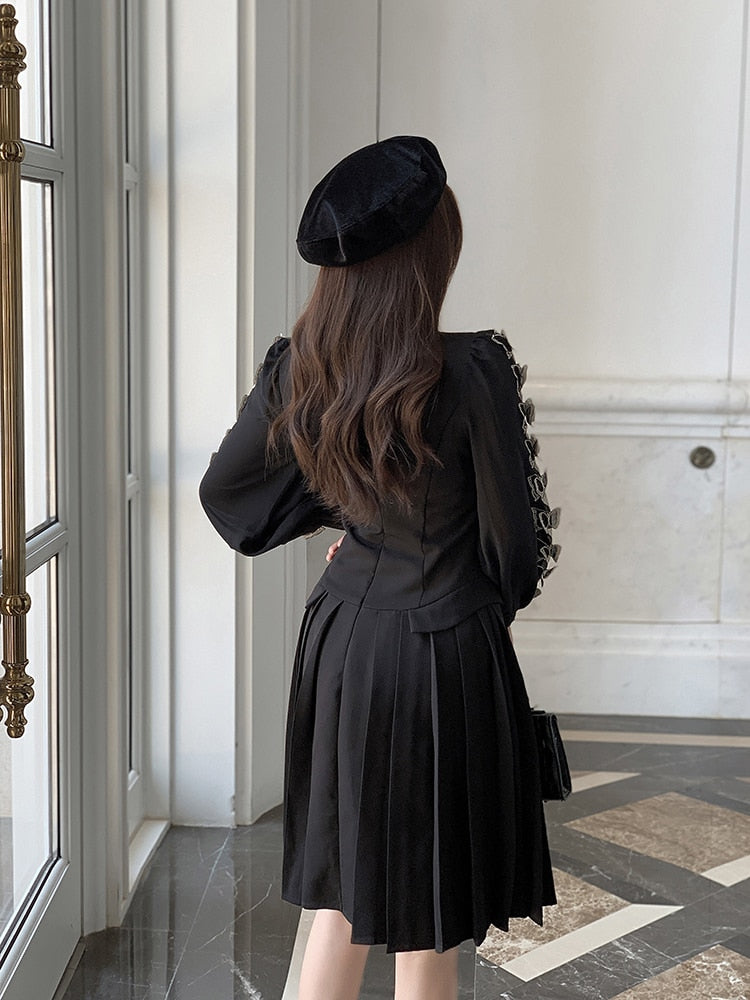 High Quality Pleated Long Sleeve Black Elegant Dress