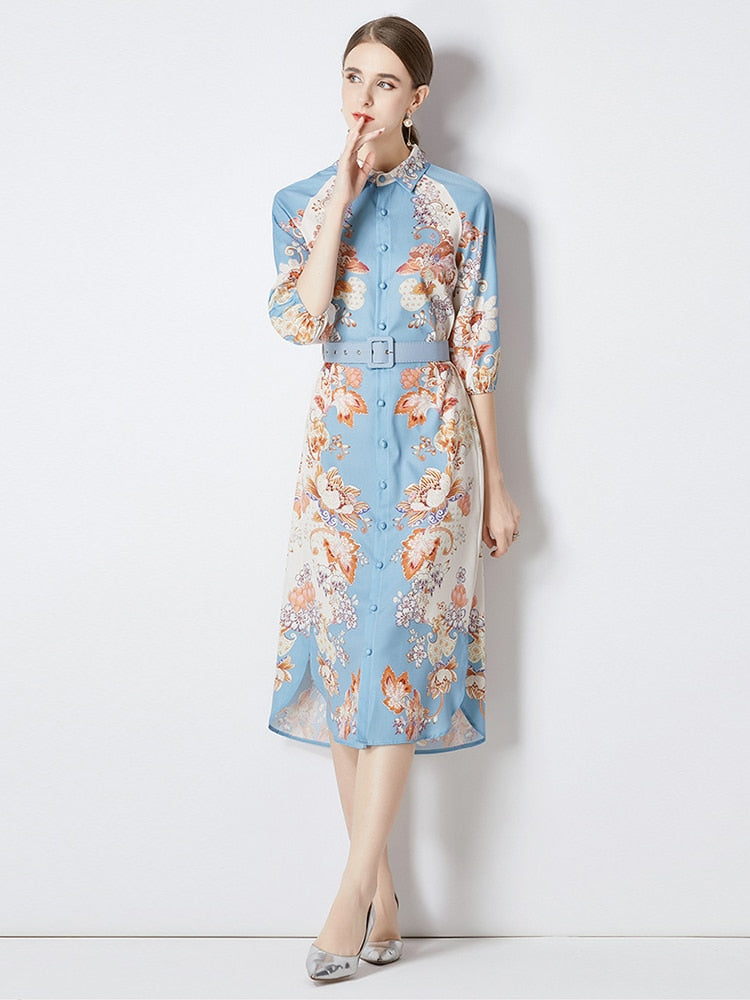 Dress High Neck Puffed Sleeve Floral Print with Belt