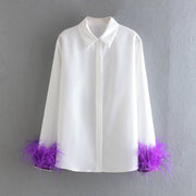 Elegant white long sleeve blouses with feathers on the cuffs