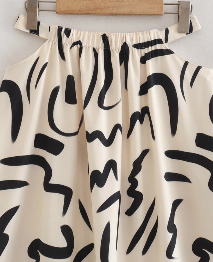 Hollow Out Waist Flare Skirt Graffiti Print Strapless Tops Set