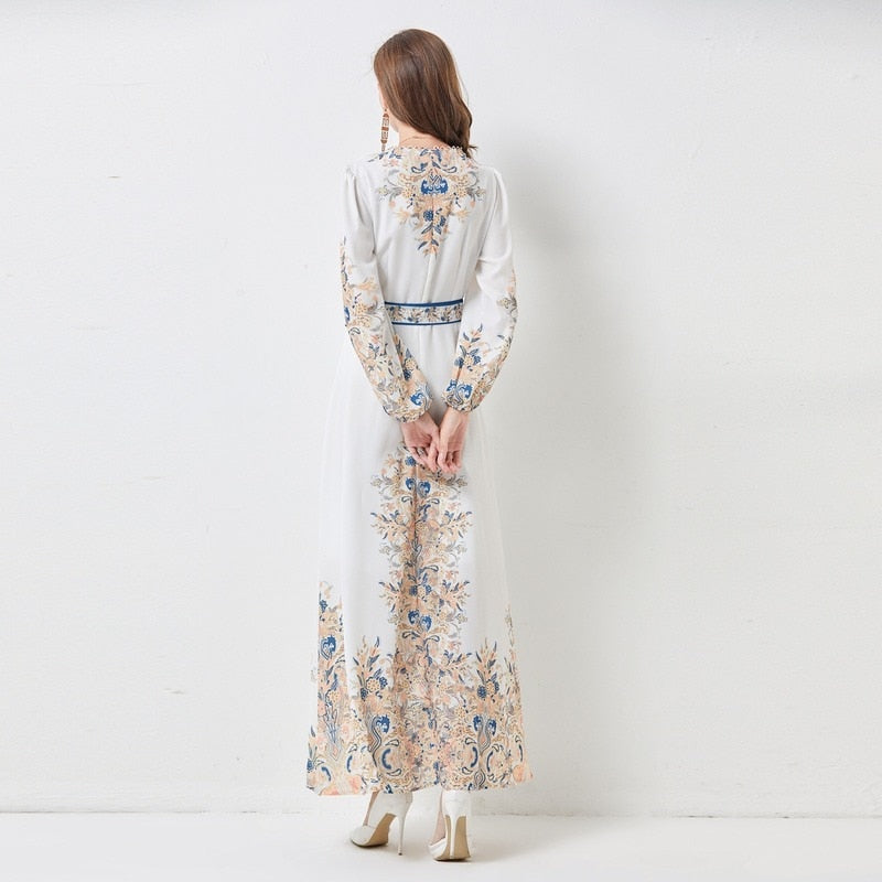 High Quality Floral Print Long Sleeve Elegant High Waist Maxi Dress