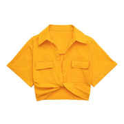 Safari style short blouse Pockets Patch Knotted Linen