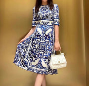 Knee Length Dress O-Neck Short sleeve Blue and White Porcelain fitted midi with print