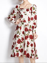 Women Autumn Elegant Floral Dress Festa High Quality Cocktail Party Robe Femme Vintage Square Collar Designer Vestidos