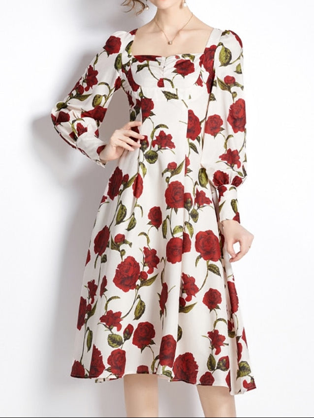 Women Autumn Elegant Floral Dress Festa High Quality Cocktail Party Robe Femme Vintage Square Collar Designer Vestidos