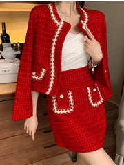 Autumn Winter Fashion Plaid Red Woolen Two Piece Set Women Pearls Single Breasted Fringed Tweed Jacket Coat + Pocket Mini Skirt