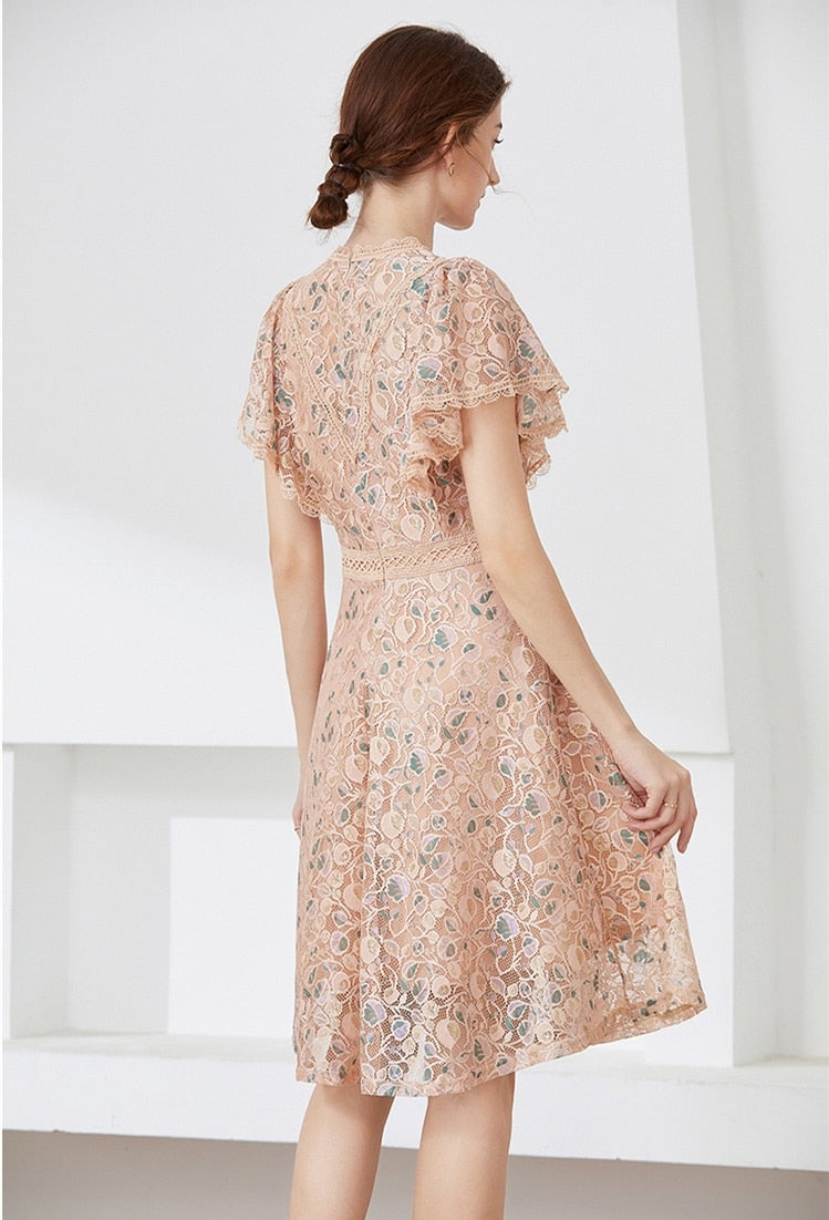 High quality multi color vintage designer flared elegant lace dress