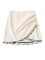 Casual Linen Skirt with Side Pleats and Irregular Hem