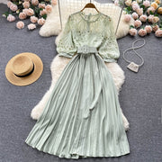 High-quality multi-color belted pleated lace dress with long sleeves