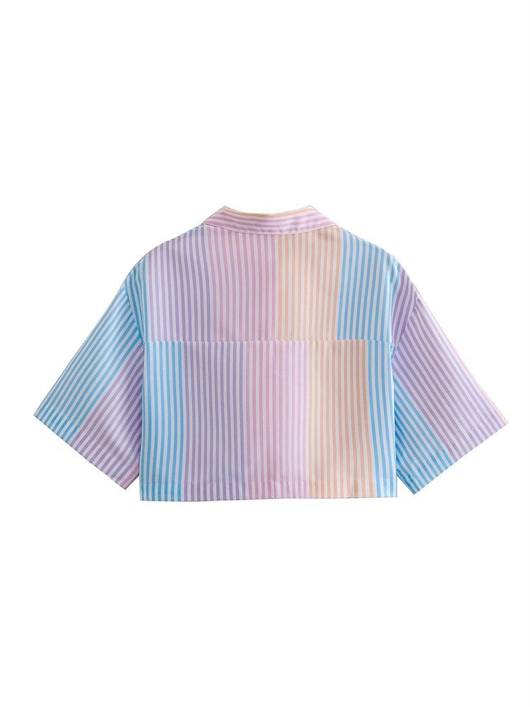 Single Breasted Colorful Stripe Print Crop Top