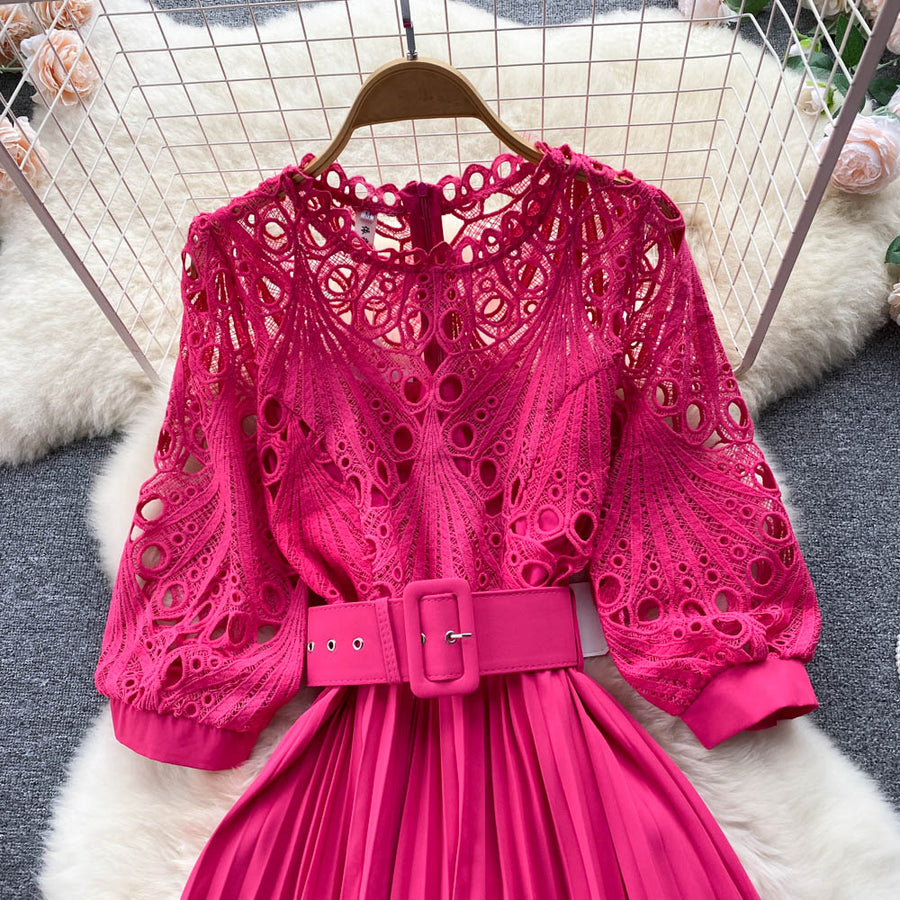 High quality vintage belted round neck half sleeve hollow out lace dress