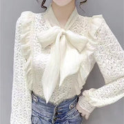 Women Spring Autumn Style Blouses Shirts Lady Casual Long Sleeve Bow Tie Collar Lace Blusas Tops DD9341