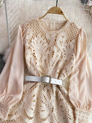 High Quality Lace Round Neck Lantern Sleeve Hook Flower Vintage Dress