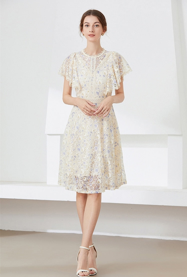 High quality multi color vintage designer flared elegant lace dress