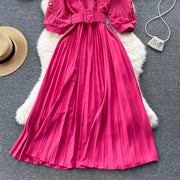 High-quality multi-color belted pleated lace dress with long sleeves