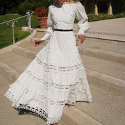 High Quality Stand Collar Long Sleeve Hole Embroidered Dress