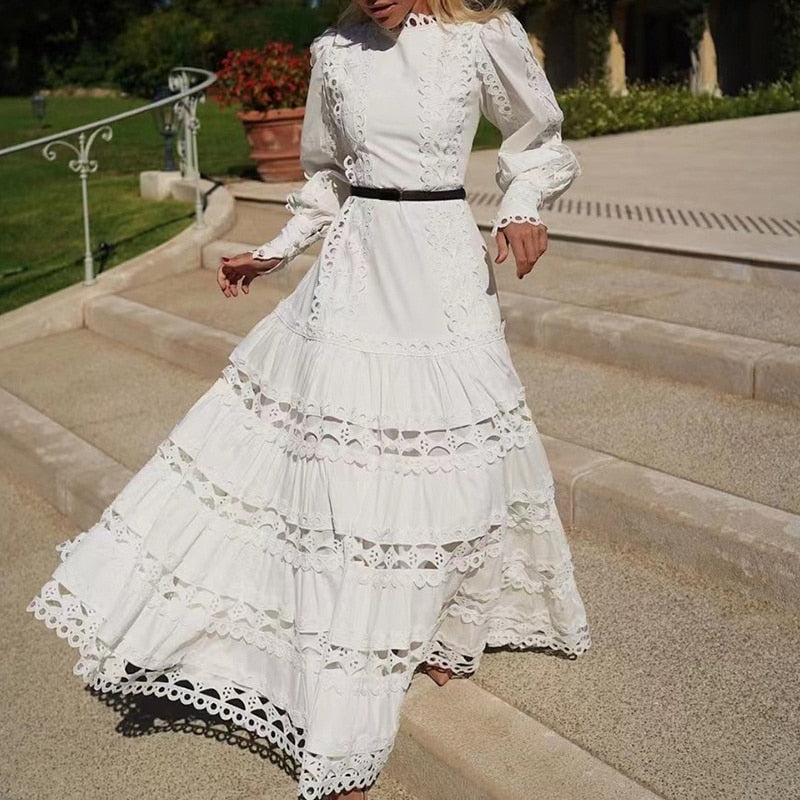 High Quality Stand Collar Long Sleeve Hole Embroidered Dress