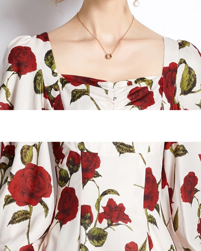 Women Autumn Elegant Floral Dress Festa High Quality Cocktail Party Robe Femme Vintage Square Collar Designer Vestidos