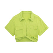 Safari style short blouse Pockets Patch Knotted Linen