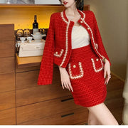 Autumn Winter Fashion Plaid Red Woolen Two Piece Set Women Pearls Single Breasted Fringed Tweed Jacket Coat + Pocket Mini Skirt