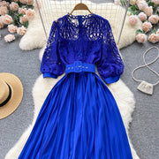 High quality vintage belted round neck half sleeve hollow out lace dress