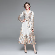 V Neck Long Lantern Sleeve Baroque Flower Print Elegant Lace Up Belted Maxi Dress