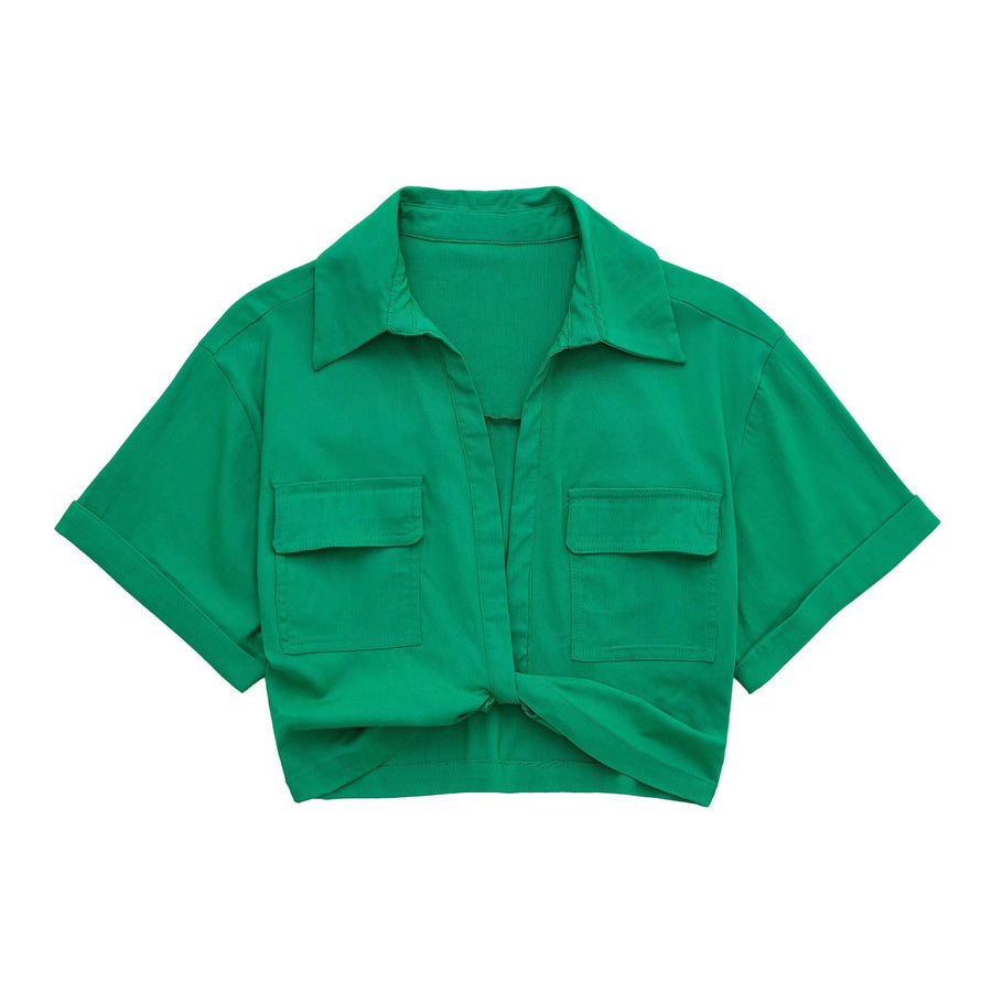Safari style short blouse Pockets Patch Knotted Linen