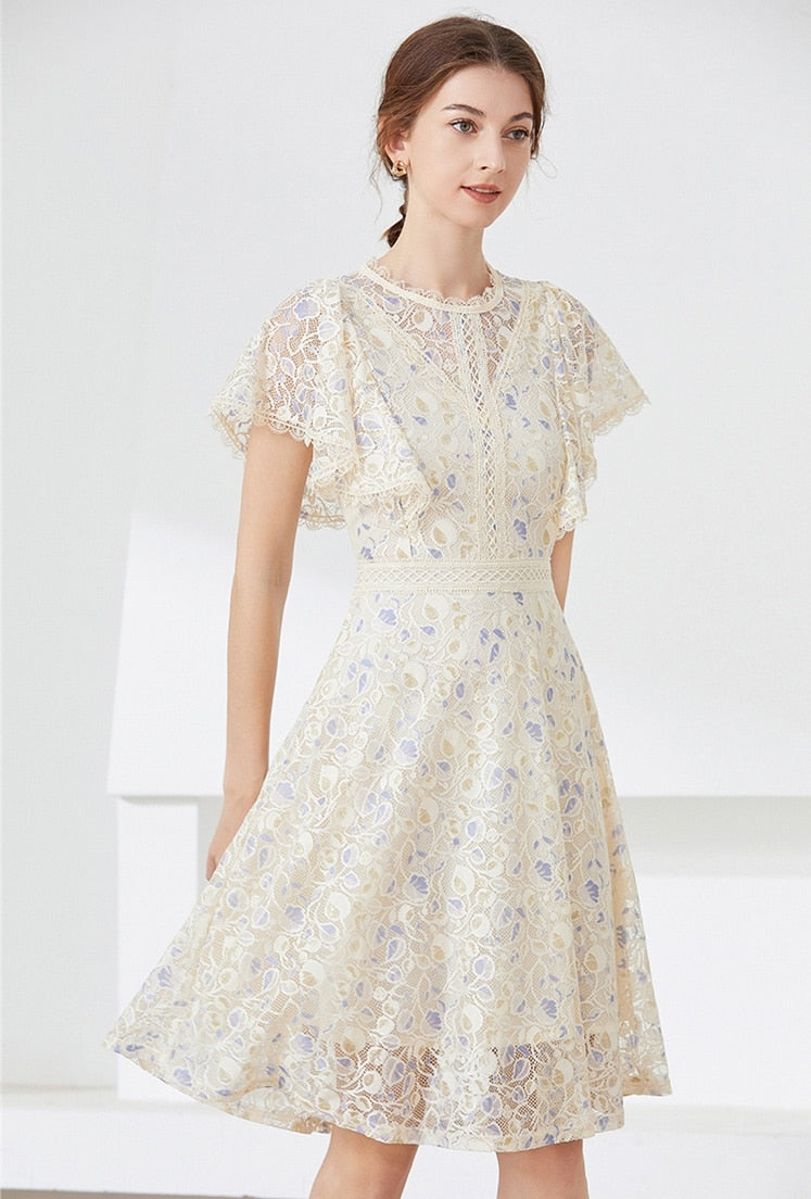 High quality multi color vintage designer flared elegant lace dress