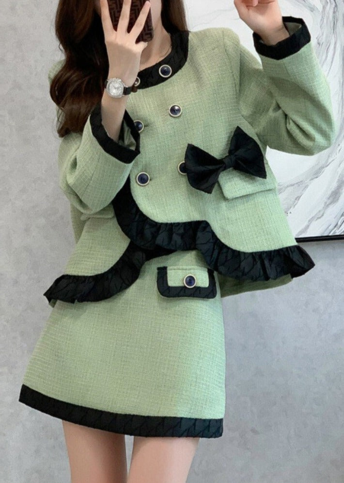 French Style Two Piece Suit Vintage Bow Ruffles Coat Simple Solid Skirt