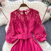 High-quality multi-color belted pleated lace dress with long sleeves