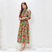 Printed Maxi Dress High Neck Long Lantern Sleeve High Quality Belt