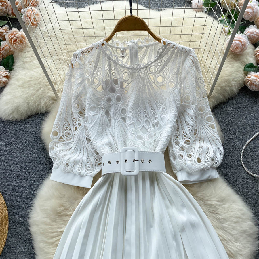 High-quality multi-color belted pleated lace dress with long sleeves