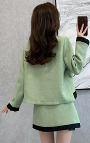 French Style Two Piece Suit Vintage Bow Ruffles Coat Simple Solid Skirt