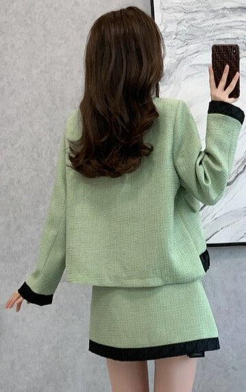 French Style Two Piece Suit Vintage Bow Ruffles Coat Simple Solid Skirt