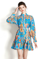 High quality vintage long sleeve single breasted lace belt print blue green shirt dress