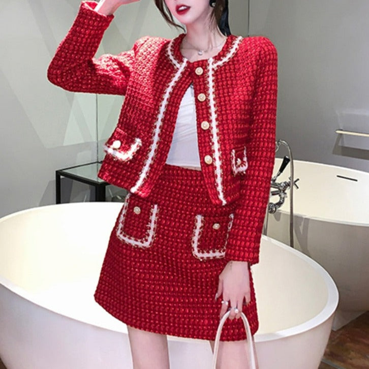 Autumn Winter Fashion Plaid Red Woolen Two Piece Set Women Pearls Single Breasted Fringed Tweed Jacket Coat + Pocket Mini Skirt