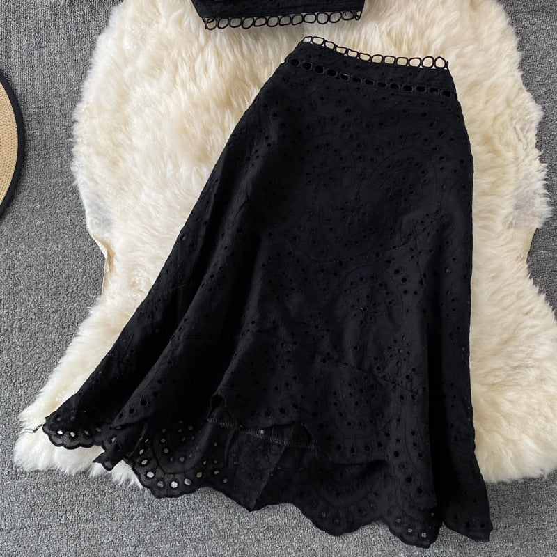 Embroidery Two Piece Set Sexy Backless Tube Top + High Waist Irregular Bodycon Skirt High Quality