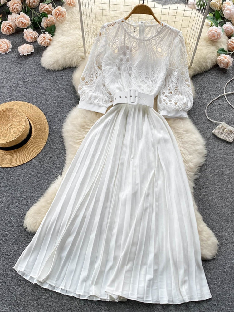 High quality vintage belted round neck half sleeve hollow out lace dress