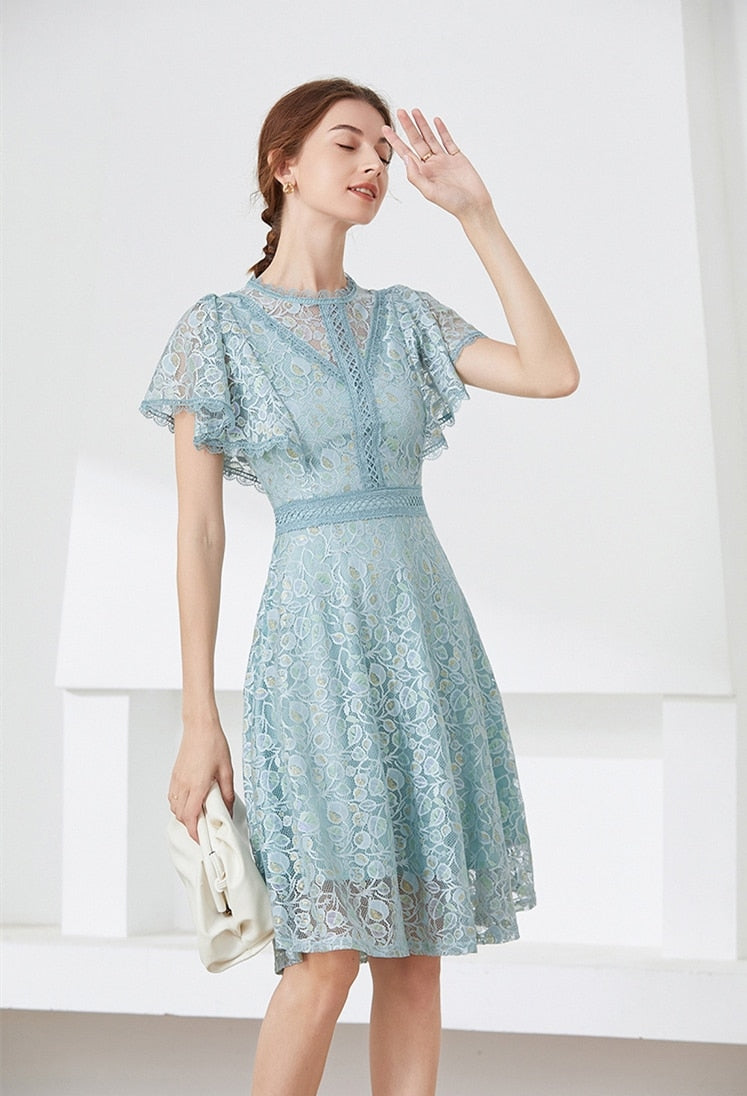 High quality multi color vintage designer flared elegant lace dress