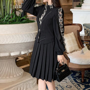 High Quality Pleated Long Sleeve Black Elegant Dress