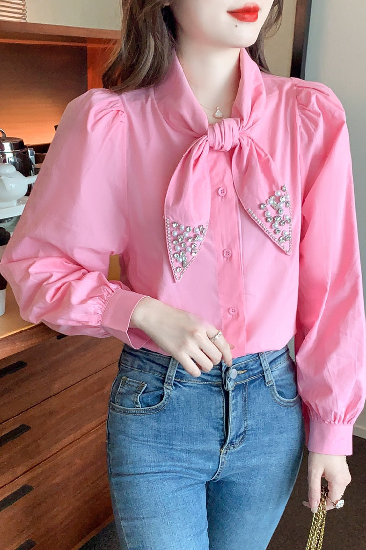 Rhinestone Fashion Office Chiffon Blouse Womens Blouses Vintage Casual Top Long Sleeve Blusas Loose Shirts