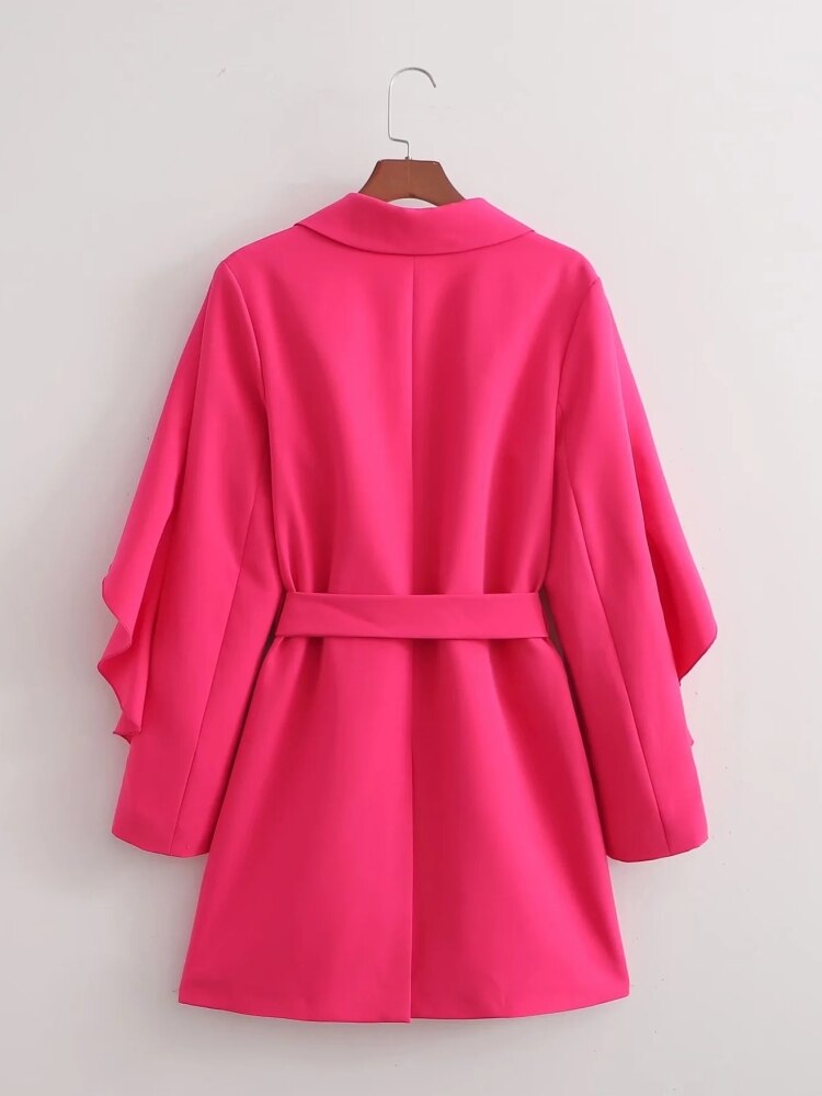 Casual Long Sleeve Cascading Ruffle Belted Suit Coat